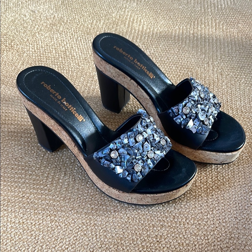 Roberto Botticelli Black Heels with Chunky Heel and Embellished Upper